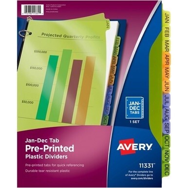 Avery&amp;reg; Preprinted Monthly Tabs Plastic Dividers - 12 x Divider(s) - Jan-Dec - 12 Tab(s)/Set - 8.5&quot; Divider Width x 11&quot; Divider Length - 3 Hole Punched - Multicolor Plastic Divider - Multicolor Pla