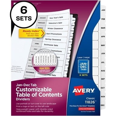 Avery&amp;reg; Monthly Tab Table of Contents Dividers - 72 x Divider(s) - Jan-Dec, Table of Contents - 12 Tab(s)/Set - 8.5&quot; Divider Width x 11&quot; Divider Length - 3 Hole Punched - White Paper Divider - Whit