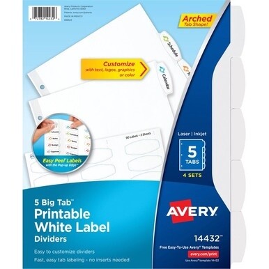 Avery&amp;reg; Big Tab Printable Label Dividers, Easy Peel Labels, 5 Tabs - 20 x Divider(s) - 5 - 5 Tab(s)/Set - 8.5&quot; Divider Width x 11&quot; Divider Length - 3 Hole Punched - White Paper Divider - White Pape