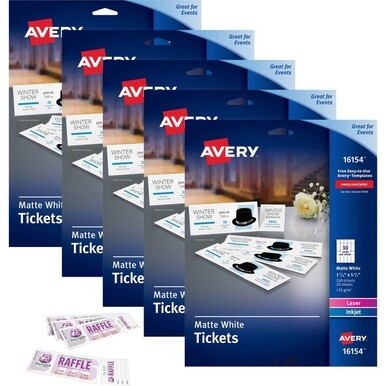 Avery&amp;reg; Blank Tickets with Tear-Away Stubs - 1 3/4" Width x 5 1/2" Length - Laser, Inkjet - Matte White - 20 / Sheet - 1000 / Carton