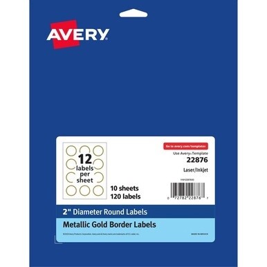 Avery&amp;reg; Easy Peel Round Labels - - Width2&quot; Diameter - Permanent Adhesive - Round - Inkjet, Laser - White, Metallic Gold - Paper - 12 / Sheet - 120 / Pack - Peel-off, Curl Resistant, Stick &amp; Stay, P