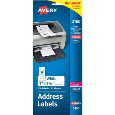 Avery&amp;reg; Mini-Sheets Address Label - 1" Width x 2 5/8" Length - Permanent Adhesive - Rectangle - Laser, Inkjet - White - Paper - 8 / Sheet - 25 Total Sheets - 200 Total Label(s) - 1