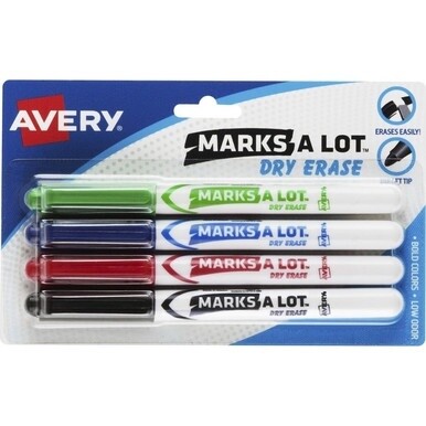 Avery&amp;reg; Pen-Style Dry Erase Markers - Bullet Marker Point Style - Black, Red, Blue, Green - Black, Red, Blue, Green, White Barrel - 4 / Pack
