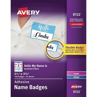 Avery&amp;reg; Self-Adhesive Name Tags - &quot;Hello My Name Is&quot; - 11&quot; Height x 8 1/2&quot; Width - Removable Adhesive - Rectangle - Laser, Inkjet - White - Film - 8 / Sheet - 15 Total Sheets - 120 Total Label(s) -