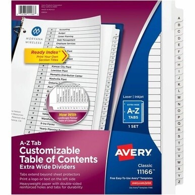 Avery&amp;reg; Extra Wide A-Z Tabs Ready Index Dividers - 26 x Divider(s) - A-Z - 26 Tab(s)/Set - 9.3&quot; Divider Width x 11&quot; Divider Length - 3 Hole Punched - White Paper Divider - Black Paper, White Tab(s)