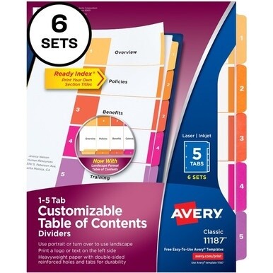 Avery&amp;reg; Ready Index Custom TOC Binder Dividers - 30 x Divider(s) - 1-5 - 5 Tab(s)/Set - 8.5&quot; Divider Width x 11&quot; Divider Length - 3 Hole Punched - White Paper Divider - Multicolor Paper Tab(s) - Re