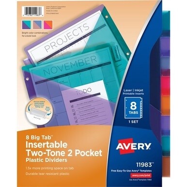 Avery&amp;reg; Big Tab Tab Divider - 8 x Divider(s) - 8 - 8 Tab(s)/Set - 9.3&quot; Divider Width x 11.13&quot; Divider Length - 3 Hole Punched - Multicolor Plastic Divider - Multicolor Plastic Tab(s) - 24 / Carton