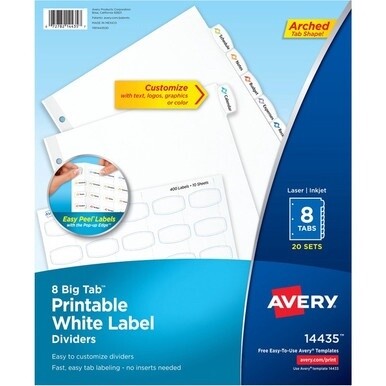 Avery&amp;reg; Big Tab Printable White Label Dividers - 160 x Divider(s) - 8 - 8 Tab(s)/Set - 8.5&quot; Divider Width x 11&quot; Divider Length - 3 Hole Punched - White Paper Divider - White Paper Tab(s) - Recycled