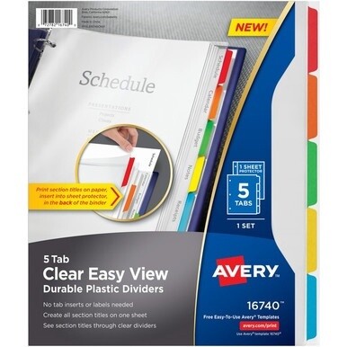 Avery&amp;reg; Easy View Plastic Dividers - 5 x Divider(s) - 5 - 5 Tab(s)/Set - 8.5&quot; Divider Width x 11&quot; Divider Length - 3 Hole Punched - Clear Plastic Divider - Multicolor Plastic Tab(s) - 5 / Set