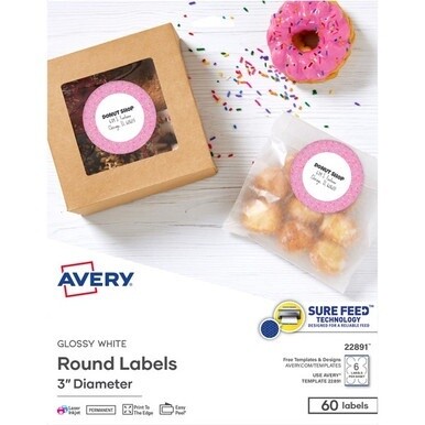 Avery&amp;reg; Glossy White Labels, 3&quot; Round, 60 Labels (22891) - - Height3&quot; Diameter - Permanent Adhesive - Round - Gloss White - 6 / Sheet - 60 / Pack - Jam-free, Stick &amp; Stay, Smudge Proof, Foldable