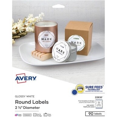 Avery&amp;reg; Circle Labels - Sure Feed Technology - - Width2 1/2&quot; Diameter - Permanent Adhesive - Round - Laser, Inkjet - Bright White - Paper - 9 / Sheet - 10 Total Sheets - 90 Total Label(s) - 90 / Pa