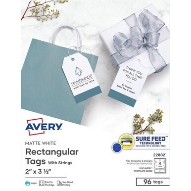 Avery&amp;reg; Printable Tags with String - 2&quot; Length x 3.50&quot; Width - Rectangular - String Fastener - 96 / Pack - Card Stock - White, Matte White