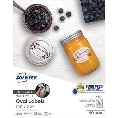 Avery&amp;reg; Oval Dissolvable Labels - 1 1/2&quot; Width x 2 1/2&quot; Length - Oval - Laser, Inkjet - White - Paper - 18 / Sheet - 5 Total Sheets - 90 Total Label(s) - 90 / Pack