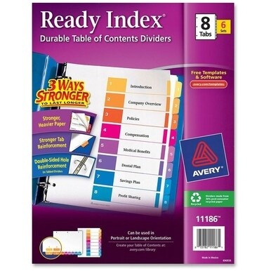 Avery&amp;reg; Ready Index Custom TOC Binder Dividers - 48 x Divider(s) - 1-8 - 8 Tab(s)/Set - 8.5" Divider Width x 11" Divider Length - 3 Hole Punched - White Paper Divider - Multicolor Paper Tab(s) - Re