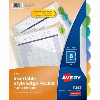 Avery&amp;reg; Insertable Style Edge Plastic Dividers with Pockets, 8-tab - 8 x Divider(s) - 8 - 8 Tab(s)/Set - 9.3&quot; Divider Width x 11.25&quot; Divider Length - 3 Hole Punched - Translucent Plastic Divider - 
