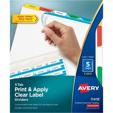 Avery&amp;reg; Index Maker Index Divider - 25 x Divider(s) - 5 - 5 Tab(s)/Set - 8.5" Divider Width x 11" Divider Length - 3 Hole Punched - White Paper Divider - Multicolor Paper Tab(s) - Recycled - 5 / Se