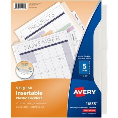 Avery&amp;reg; Big Tab Insertable Plastic Dividers - 5 x Divider(s) - 5 - 5 Tab(s)/Set - 8.5&quot; Divider Width x 11&quot; Divider Length - 3 Hole Punched - Clear Plastic Divider - Clear Plastic Tab(s) - 12