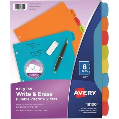 Avery&amp;reg; Big Tab Write &amp; Erase Durable Plastic Dividers - 8 x Divider(s) - 8 Write-on Tab(s) - 8 - 8 Tab(s)/Set - 8.5&quot; Divider Width x 11&quot; Divider Length - 3 Hole Punched - Multicolor Plastic Divide