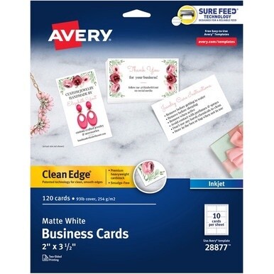 Avery&amp;reg; Clean Edge Business Cards, 2&quot; x 3.5&quot; , White, 120 (28877) - 110 Brightness - A8 - 2&quot; x 3 1/2&quot; - 93 lb Basis Weight - 254 g/m&amp;#178; Grammage - Matte - 120 / Pack - FSC Mix - Rounded Corner, 