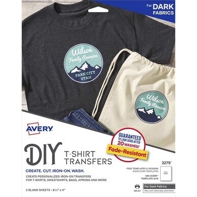 Avery&amp;reg; Heat Transfers for Dark Fabric, 8.5&quot; x 11&quot; , 5 Sheets (3279) - Letter - 8 1/2&quot; x 11&quot; - Matte - 5 / Pack