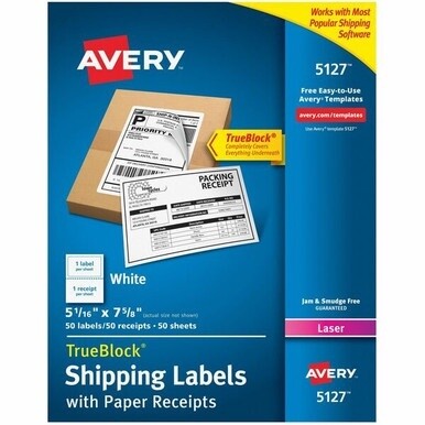 Avery&amp;reg; Shipping Labels w/ Paper Receipts, TrueBlock&amp;reg; Technology, Permanent Adhesive, 5-1/16&quot; x 7-5/8&quot; , 50 Labels (5127) - Avery Shipping Labels with Receipt, 5-1/16&quot; x 7-5/8&quot; , 50 Labels (512