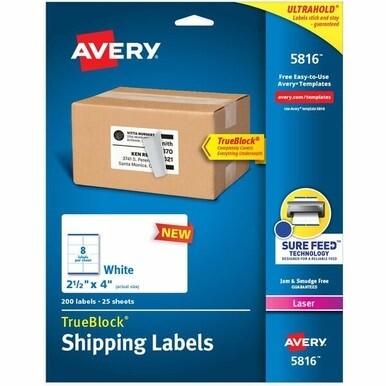 Avery&amp;reg; Printable Blank Shipping Labels, 2.5" x 4" , White, 200 Labels, Laser Printer, Permanent Adhesive (5816) - Avery&amp;reg; Printable Shipping Labels, 2.5" x 4" , 200 Labels (5816)