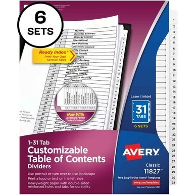 Avery&amp;reg; 1-31 Custom Table of Contents Dividers - 186 x Divider(s) - 1-31, Table of Contents - 31 Tab(s)/Set - 8.5&quot; Divider Width x 11&quot; Divider Length - 3 Hole Punched - White Paper Divider - White 