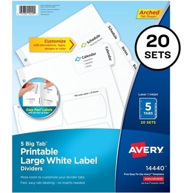 Avery&amp;reg; Big Tab Tab Divider - 100 x Divider(s) - 5 - 5 Tab(s)/Set - 8.5&quot; Divider Width x 11&quot; Divider Length - 3 Hole Punched - White Paper Divider - White Paper Tab(s) - Recycled - 20 / Box