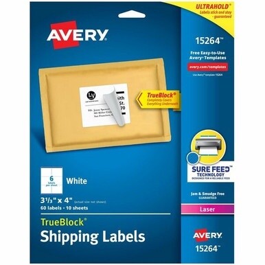 Avery&amp;reg; TrueBlock&amp;reg; Shipping Labels, Sure Feed&amp;reg; Technology, Permanent Adhesive, 3-1/3&quot; x 4&quot; , 60 Labels (15264) - Avery&amp;reg; Shipping Labels, Sure Feed, 3-1/3&quot; x 4&quot; , 60 White Labels (15264)