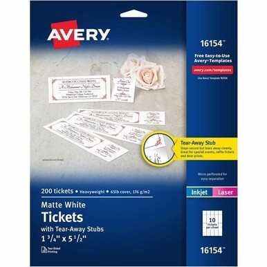 Avery&amp;reg; Blank Tickets with Tear-Away Stubs - 1 3/4" Width x 5 1/2" Length - Laser, Inkjet - Matte White - 20 / Sheet - 200 / Pack