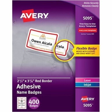 Avery&amp;reg; Name Badge Label - 2 21/64" Width x 3 3/8" Length - Removable Adhesive - Rectangle - Laser, Inkjet - White, Red - Film - 8 / Sheet - 50 Total Sheets - 400 Total Label(s) - 400 / Box