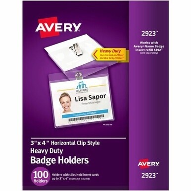 Avery&amp;reg; Heavy-Duty Badge Holders - Clip Style - Support 3&quot; x 4&quot; Media - Horizontal - 4&quot; x 3&quot; - Plastic - 100 / Box - Clear