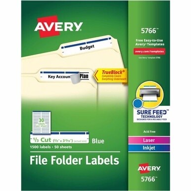Avery&amp;reg; TrueBlock File Folder Labels - Permanent Adhesive - Rectangle - Laser, Inkjet - Blue - Paper - 30 / Sheet - 50 Total Sheets - 1500 Total Label(s) - 1500 / Box