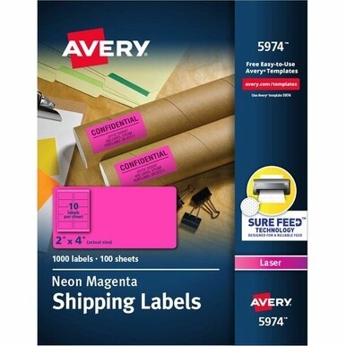Avery&amp;reg; 2&quot;x 4&quot; Neon Shipping Labels with Sure Feed&amp;reg;, neon Pink labels for Laser Printers, 1,000 Neon Labels (5974) - Avery&amp;reg; 2&quot; x 4&quot; Neon Shipping Labels with Sure Feed, 1,000 Labels (5974)