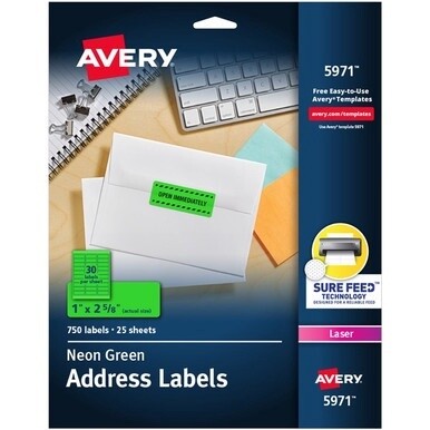 Avery&amp;reg; Shipping Labels - 1&quot; Width x 2 5/8&quot; Length - Permanent Adhesive - Rectangle - Laser - Neon Green - Paper - 30 / Sheet - 25 Total Sheets - 750 Total Label(s) - 750 / Pack