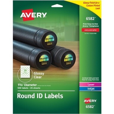 Avery&amp;reg; Glossy Permanent Multipurpose Round Labels - - Width1 5/8&quot; Diameter - Permanent Adhesive - Round - Laser, Inkjet - Clear - Film - 20 / Sheet - 25 Total Sheets - 500 Total Label(s) - 5
