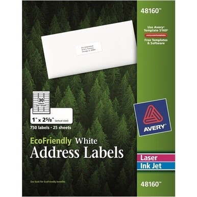 Avery&amp;reg; EcoFriendly Address Labels - 1" Width x 2 5/8" Length - Permanent Adhesive - Rectangle - Laser, Inkjet - White - Paper - 30 / Sheet - 25 Total Sheets - 750 Total Label(s) - 1 / Box