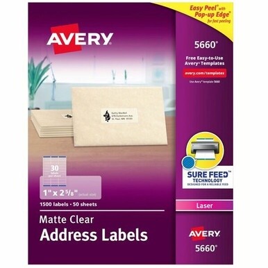 Avery&amp;reg; Easy Peel Return Address Labels - 1&quot; Width x 2 5/8&quot; Length - Permanent Adhesive - Rectangle - Laser - Clear - Film - 30 / Sheet - 50 Total Sheets - 1500 Total Label(s) - 1500 / Box