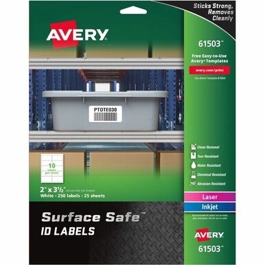 Avery&amp;reg; Surface Safe ID Label - 2" Width x 3 1/2" Length - Removable Adhesive - Rectangle - Laser, Inkjet - White - Film - 10 / Sheet - 25 Total Sheets - 250 Total Label(s) - 5 - Water Resistant