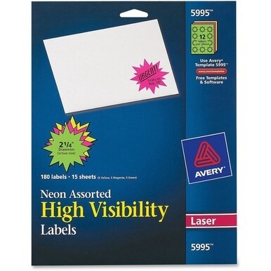 Avery&amp;reg; Neon Burst Labels - - Width2 1/4&quot; Diameter - Permanent Adhesive - Burst - Laser - Neon Magenta, Neon Green, Neon Yellow - Paper - 12 / Sheet - 15 Total Sheets - 180 Total Label(s) - 180 / P