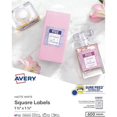 Avery&amp;reg; Print-to-the-Edge Easy Peel Square Labels - 1 1/2&quot; Width x 1 1/2&quot; Length - Permanent Adhesive - Square - Laser, Inkjet - Matte White - Paper - 24 / Sheet - 25 Total Sheets - 600 Total Label