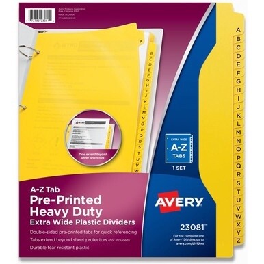 Avery&amp;reg; Heavy-Duty Plastic A-Z Industrial Dividers - 26 x Divider(s) - 26 Tab(s) - A-Z - 26 Tab(s)/Set - 8.5&quot; Divider Width x 11&quot; Divider Length - 3 Hole Punched - Yellow Plastic Divider - Yellow P