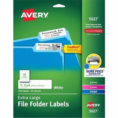 Avery&amp;reg; Extra-Large File Folder Labels - 15/16&quot; Width x 3 7/16&quot; Length - Permanent Adhesive - Rectangle - Laser, Inkjet - White - Paper - 18 / Sheet - 25 Total Sheets - 450 Total Label(s) - 450 / P