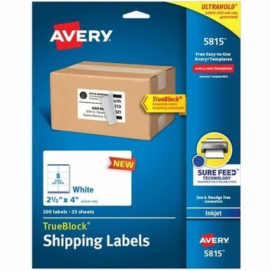 Avery&amp;reg; Printable Blank Shipping Labels, 2.5" x 4" , White, 200 Labels, Inkjet Printer, Permanent Adhesive (5815) - Avery&amp;reg; Printable Shipping Labels, 2.5" x 4" , 200 Labels (5815)
