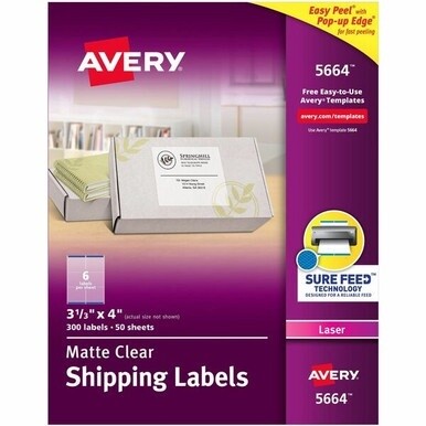 Avery&amp;reg; Matte Clear Shipping Labels, Sure Feed&amp;reg; Technology, Laser, 3-1/3&quot; x 4&quot; , 300 Labels (5664) - Avery&amp;reg; Clear Shipping Labels, Sure Feed, 3-1/3&quot; x 4&quot; 300 Labels (15664)
