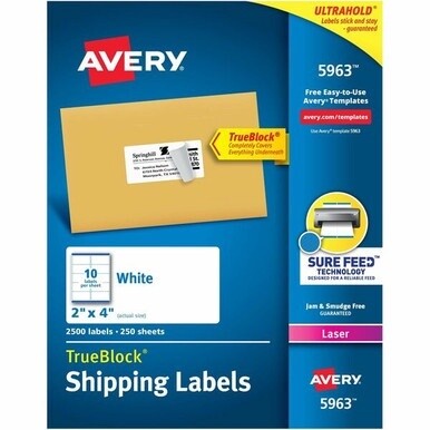 Avery&amp;reg; TrueBlock&amp;reg; Shipping Labels, Sure Feed&amp;reg; Technology, Permanent Adhesive, 2&quot; x 4&quot; , 2,500 Labels (5963) - Avery&amp;reg; Shipping Labels, Sure Feed&amp;reg;, 2&quot; x 4&quot; , 2,500 Labels (5963)