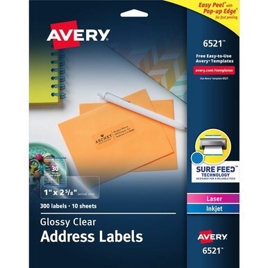 Avery&amp;reg; Easy Peel High Gloss Clear Mailing Labels - 1&quot; Width x 2 5/8&quot; Length - Permanent Adhesive - Rectangle - Laser, Inkjet - Clear - Film - 30 / Sheet - 10 Total Sheets - 300 Total Label(s) - 30