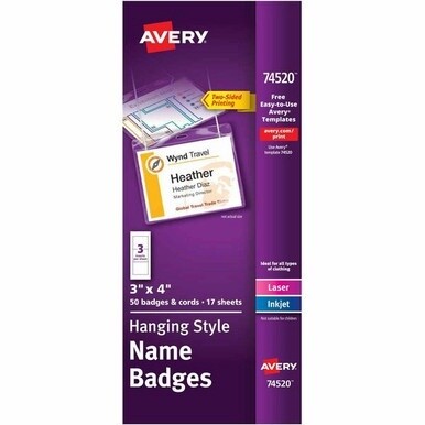 Avery&amp;reg; Hanging Style Name Badges - 4&quot; x 3&quot; - 50 / Box - Durable, Micro Perforated, Printable, PVC-free - White