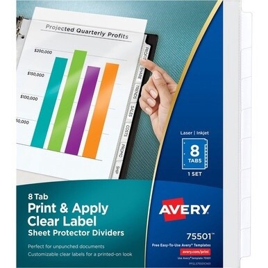 Avery&amp;reg; Print &amp; Apply Sheet Protector Dividers - 8 x Divider(s) - 8 - 8 Tab(s)/Set - 8.5&quot; Divider Width x 11&quot; Divider Length - 3 Hole Punched - Clear Plastic Divider - Clear Plastic Tab(s) - 1