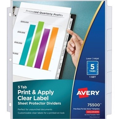 Avery&amp;reg; Index Maker Index Divider - 5 x Divider(s) - 5 - 5 Tab(s)/Set - 8.5" Divider Width x 11" Divider Length - 3 Hole Punched - Clear Plastic Divider - Clear Plastic Tab(s) - 1